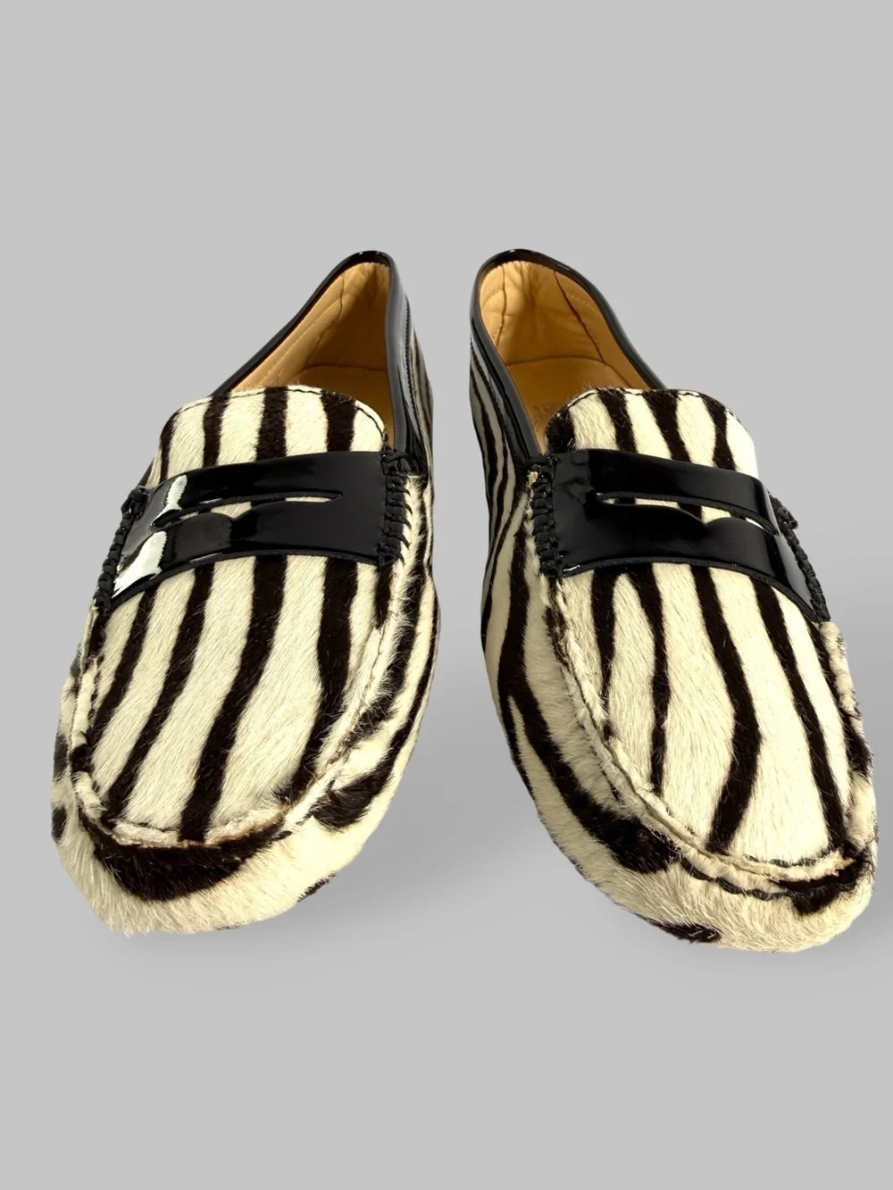 TOD'S Black & White Zebra-Print Penny Loafers